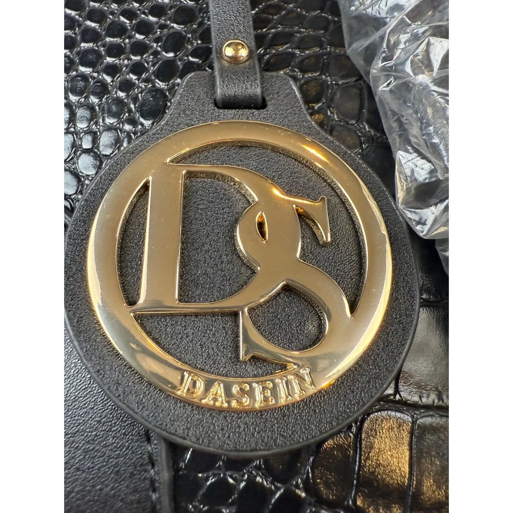 Dasein Black Croc Embossed Satchel Handbag Gold Accent‎ Chain Strap New